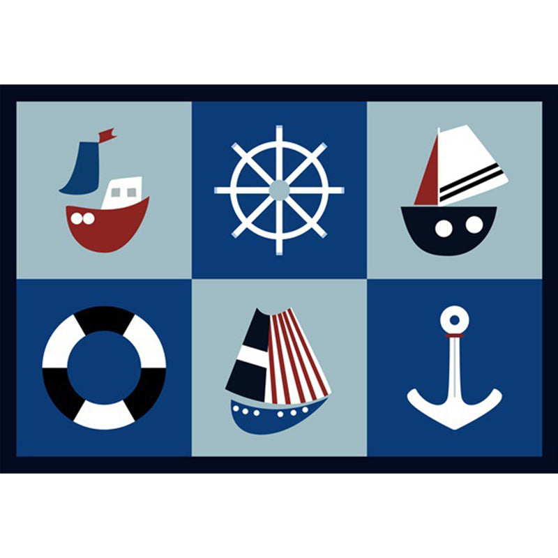 Lisslune | Kids' Bedroom Carpet in Blue Cars & Roads Ship Anchor Steering Wheel Printed Carpet Polyester Machine Washable Carpet
