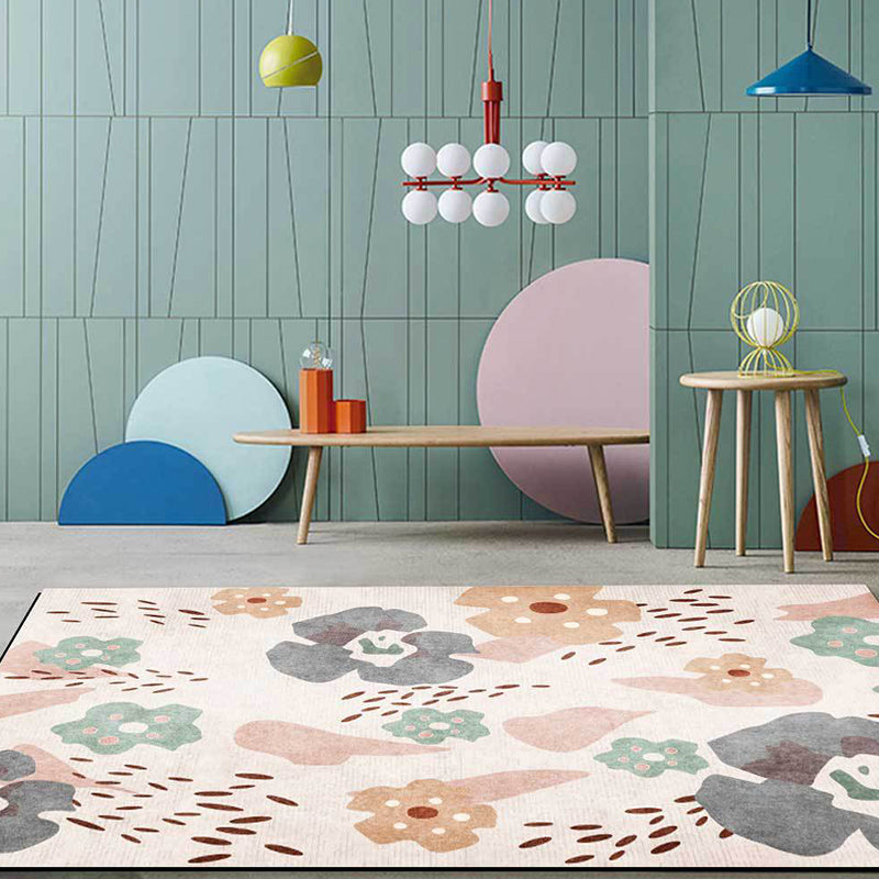 Lisslune | Pink Kids Room Carpet Kids Floral Pattern Carpet Polyester Anti-Slip Mat Carpet