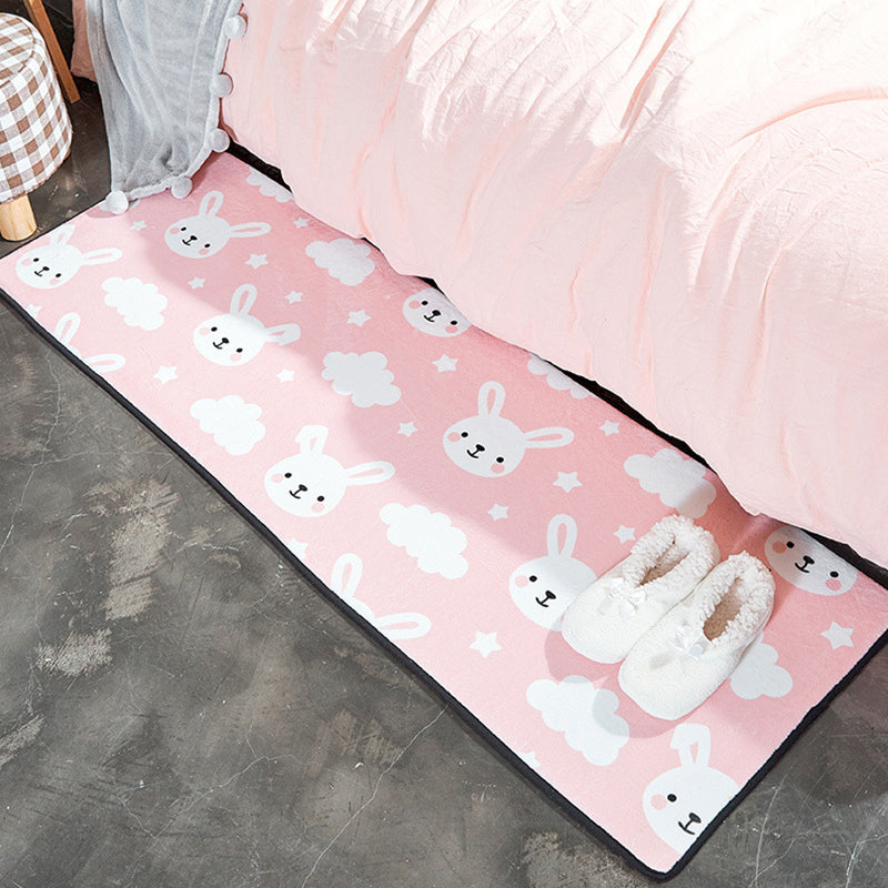 Lisslune | Children's Room Rug in White and Pink Animal Bear Rabbit Swan Print Rug Polyester Stain-Resistant Area Rug