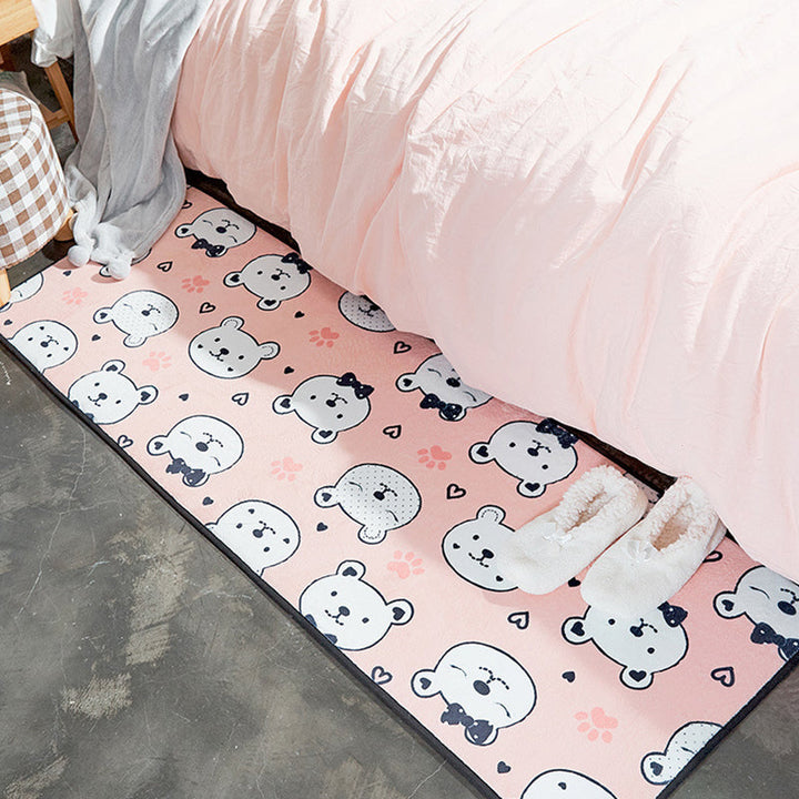Lisslune | Children's Room Rug in White and Pink Animal Bear Rabbit Swan Print Rug Polyester Stain-Resistant Area Rug