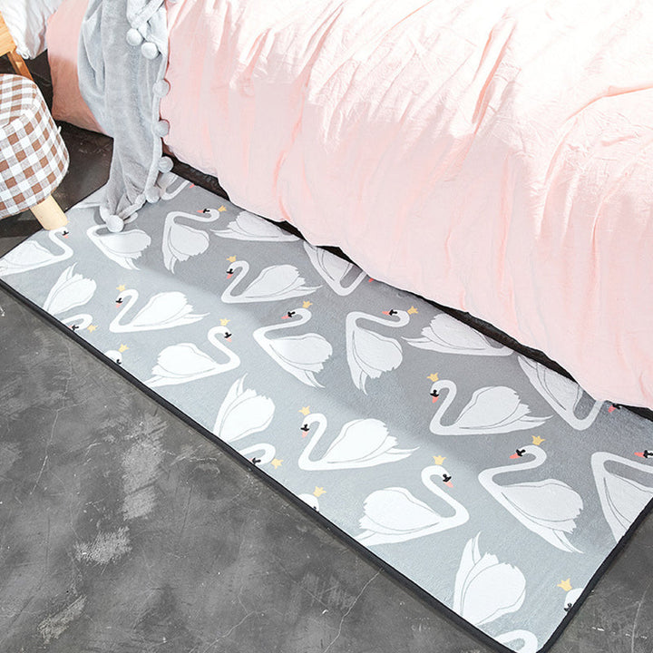 Lisslune | Children's Room Rug in White and Pink Animal Bear Rabbit Swan Print Rug Polyester Stain-Resistant Area Rug