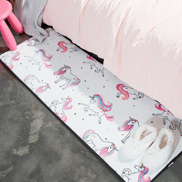 Lisslune | Children's Room Rug in White and Pink Animal Bear Rabbit Swan Print Rug Polyester Stain-Resistant Area Rug