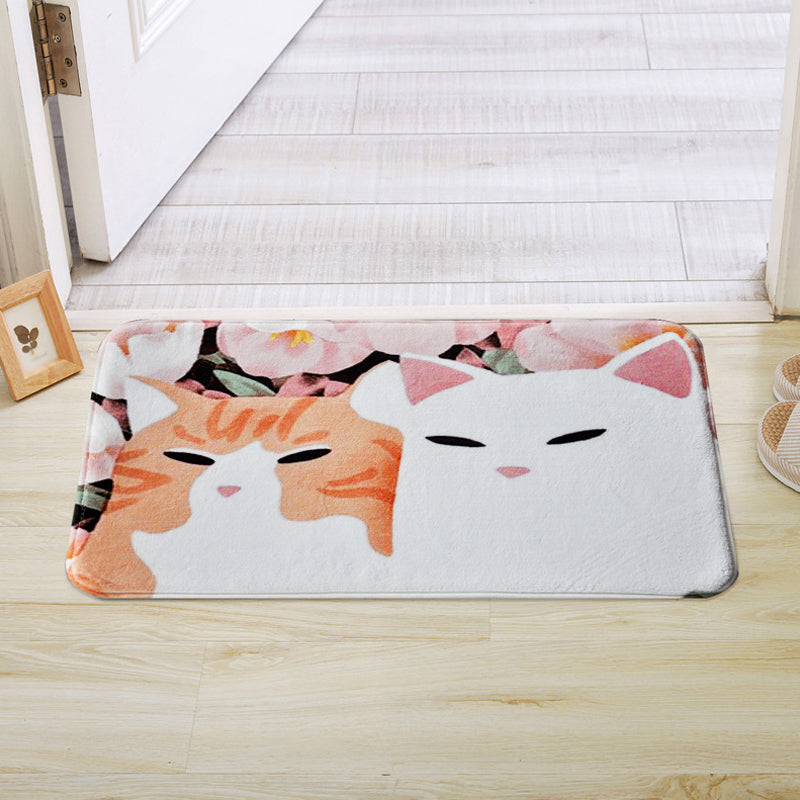 Lisslune | Kids Children's Room Rug in Pink and Yellow Animal Cat Flower Pattern Rug Polyester Non-Slip Back Rug