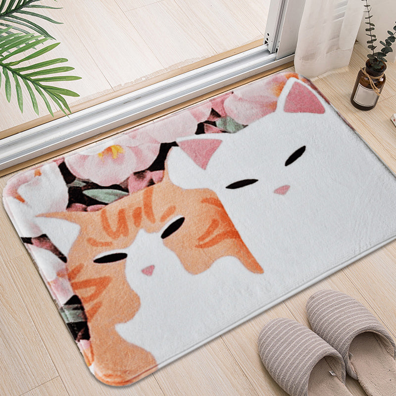 Lisslune | Kids Children's Room Rug in Pink and Yellow Animal Cat Flower Pattern Rug Polyester Non-Slip Back Rug