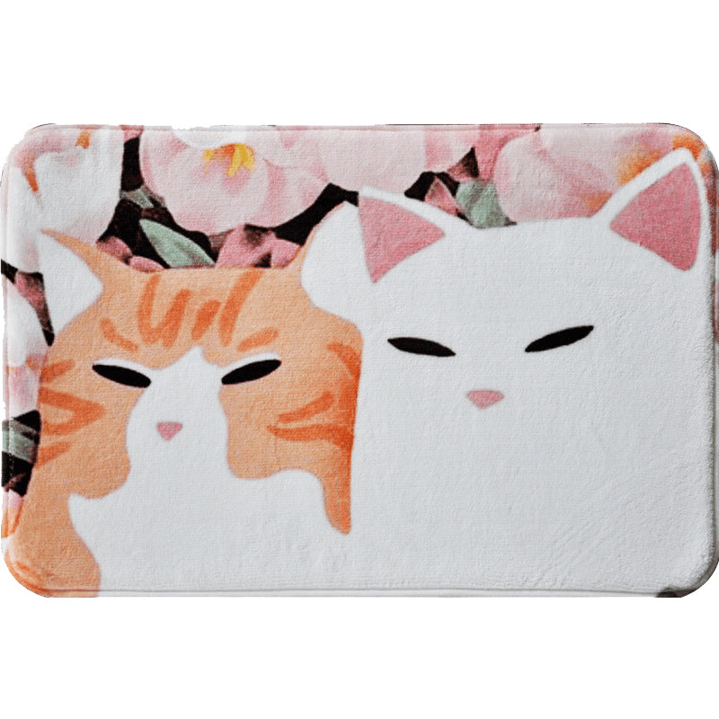 Lisslune | Kids Children's Room Rug in Pink and Yellow Animal Cat Flower Pattern Rug Polyester Non-Slip Back Rug