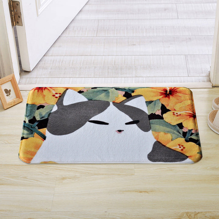 Lisslune | Kids Children's Room Rug in Pink and Yellow Animal Cat Flower Pattern Rug Polyester Non-Slip Back Rug