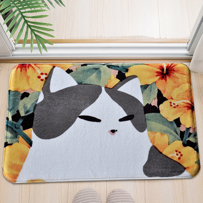 Lisslune | Kids Children's Room Rug in Pink and Yellow Animal Cat Flower Pattern Rug Polyester Non-Slip Back Rug