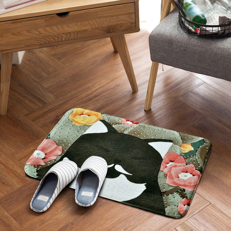 Lisslune | Kids Children's Room Rug in Pink and Yellow Animal Cat Flower Pattern Rug Polyester Non-Slip Back Rug