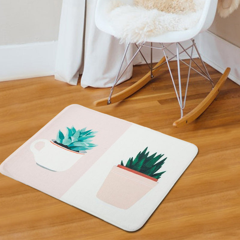 Lisslune | Green and Pink Children's Room Carpet Children Botanical Leaf Potted Plants Pattern Area Rug Polyester Pet Friendly Carpet