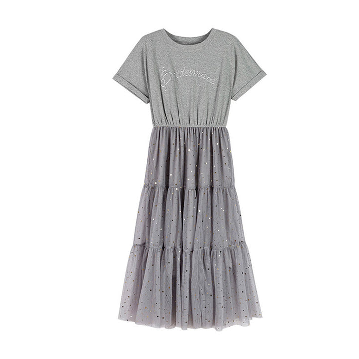 Women's long dress with decorative tulle layers and elastic waistband