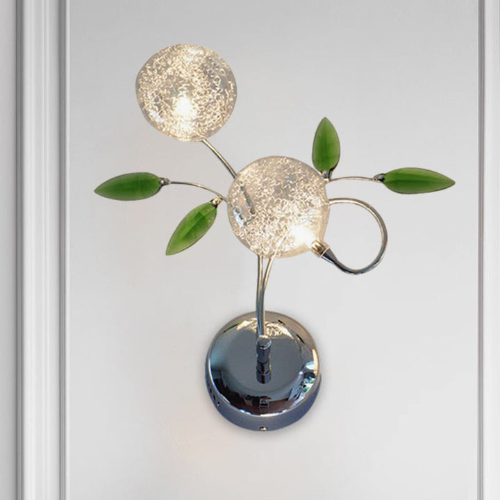 Lisslune | Simple Leaf Wall Mount Lamp Green Crystal 2 Light Nightstand Wall Lighting Ideas with Classic Glass Shade in Chrome