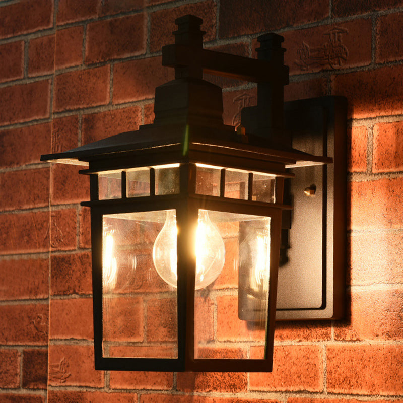 Lisslune | Lantern Clear Glass Wall Hanging Lamp Industrial Single Bulb Veranda Wall Light in Black