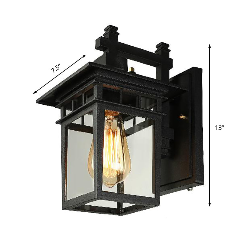Lisslune | Lantern Clear Glass Wall Hanging Lamp Industrial Single Bulb Veranda Wall Light in Black