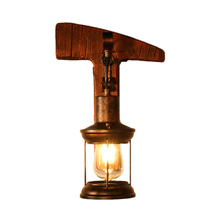 Lisslune | Rust One-Light Wall Light Coastal Clear Glass Lantern Lighting Fixture with Wood Back Plate