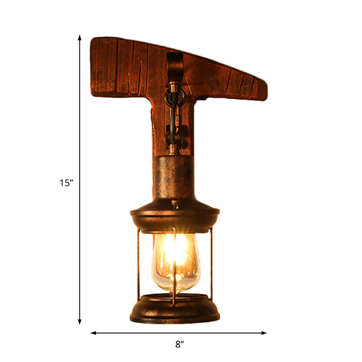 Lisslune | Rust One-Light Wall Light Coastal Clear Glass Lantern Lighting Fixture with Wood Back Plate