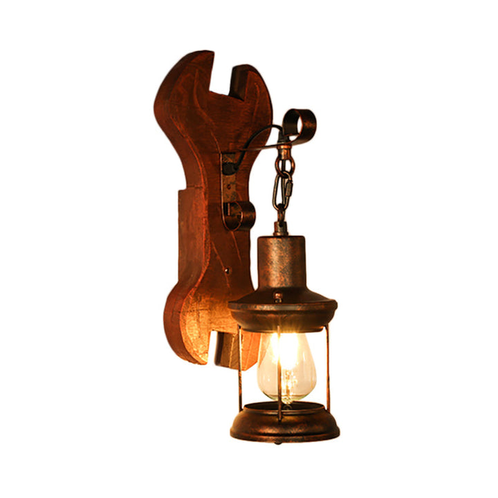 Lisslune | Rust One-Light Wall Light Coastal Clear Glass Lantern Lighting Fixture with Wood Back Plate