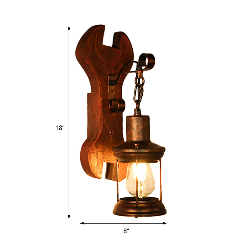 Lisslune | Rust One-Light Wall Light Coastal Clear Glass Lantern Lighting Fixture with Wood Back Plate