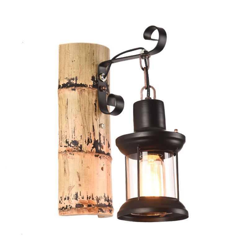 Lisslune | A wall lamp with a clear glass lantern in industrial style, wall lamp for the dining room in black with a bamboo backplate