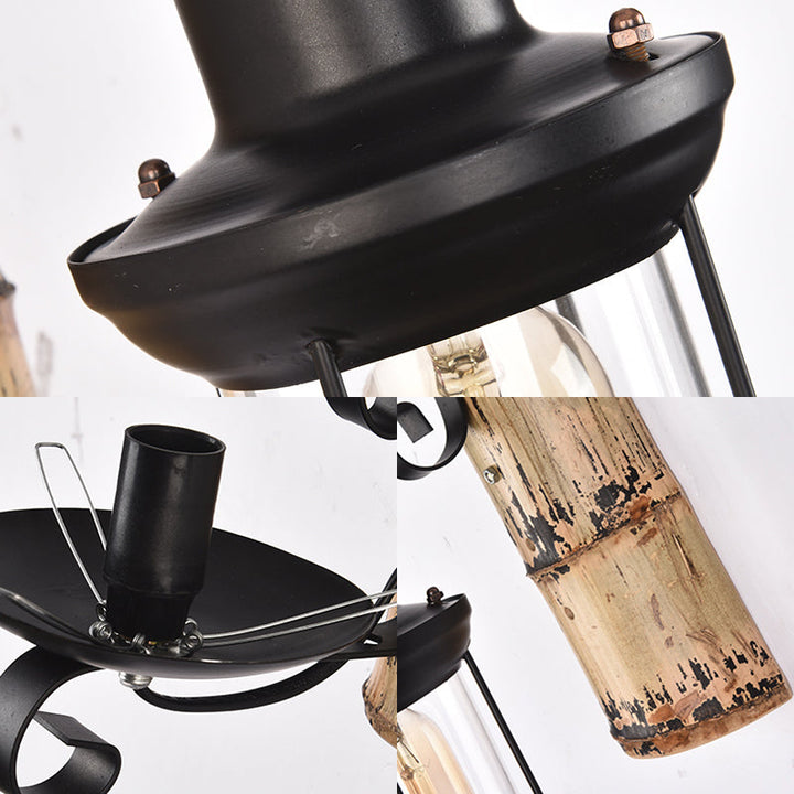 Lisslune | A wall lamp with a clear glass lantern in industrial style, wall lamp for the dining room in black with a bamboo backplate