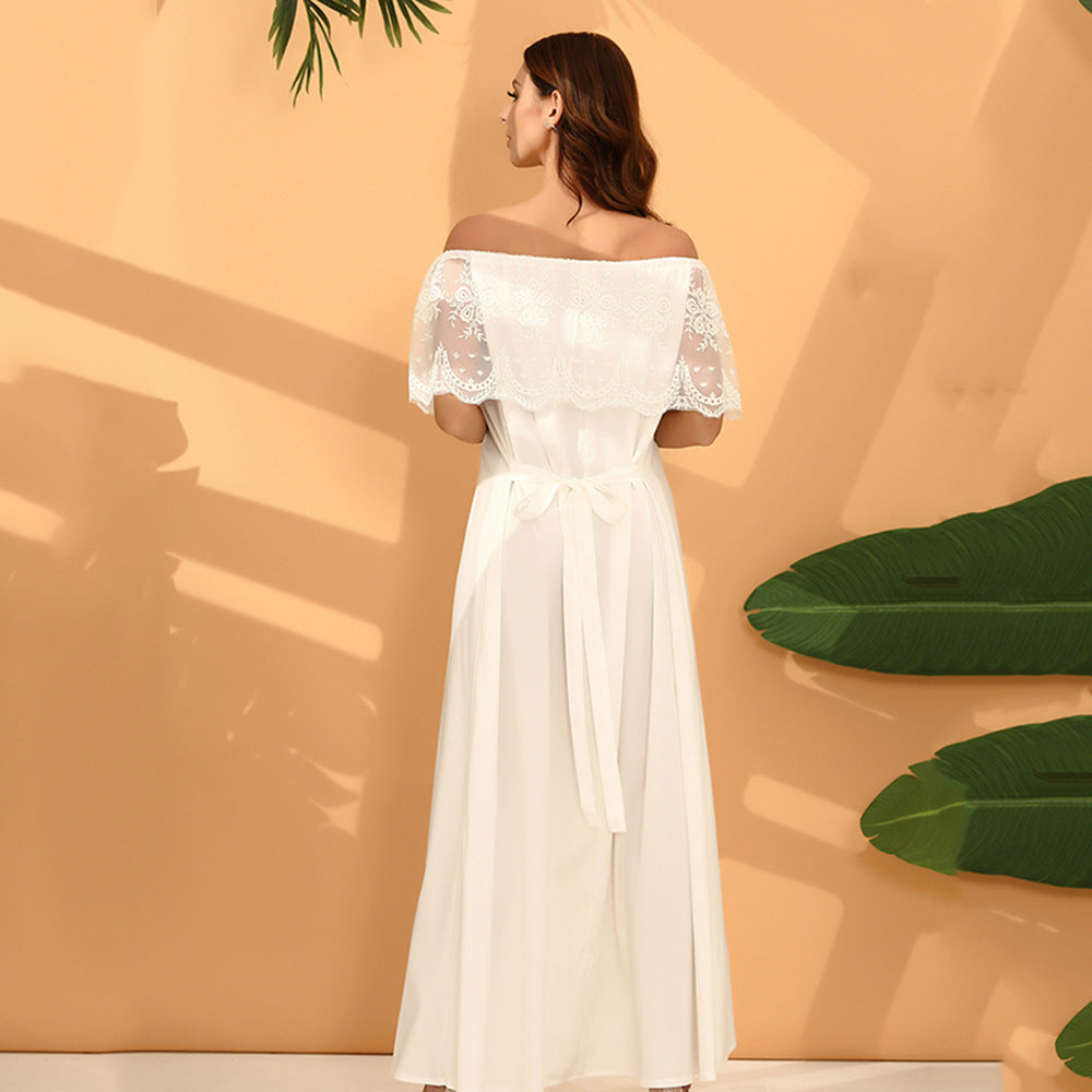 Women's maxi dress with off-the-shoulder design and delicate lace detailing