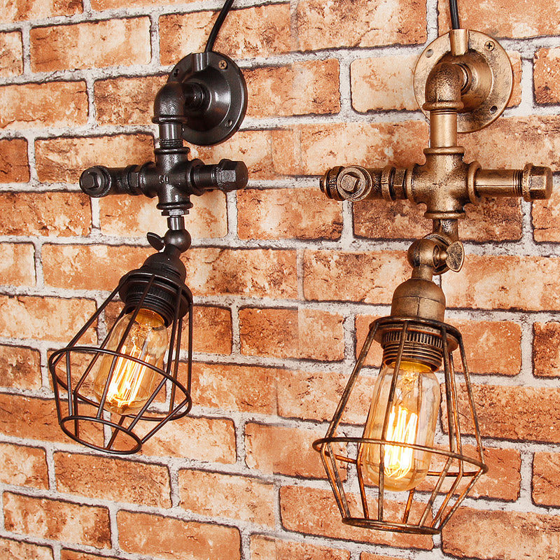 Lisslune | Diamond Cage Iron Wall Mount Light with Pipe Design Industrial Style 1 Bulb Bedroom Wall Lighting in Antique Brass/Silver