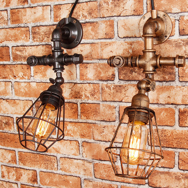 Lisslune | Diamond Cage Iron Wall Mount Light with Pipe Design Industrial Style 1 Bulb Bedroom Wall Lighting in Antique Brass/Silver