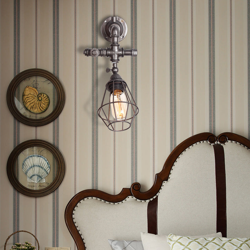 Lisslune | Diamond Cage Iron Wall Mount Light with Pipe Design Industrial Style 1 Bulb Bedroom Wall Lighting in Antique Brass/Silver