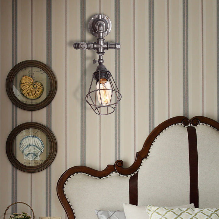 Lisslune | Diamond Cage Iron Wall Mount Light with Pipe Design Industrial Style 1 Bulb Bedroom Wall Lighting in Antique Brass/Silver