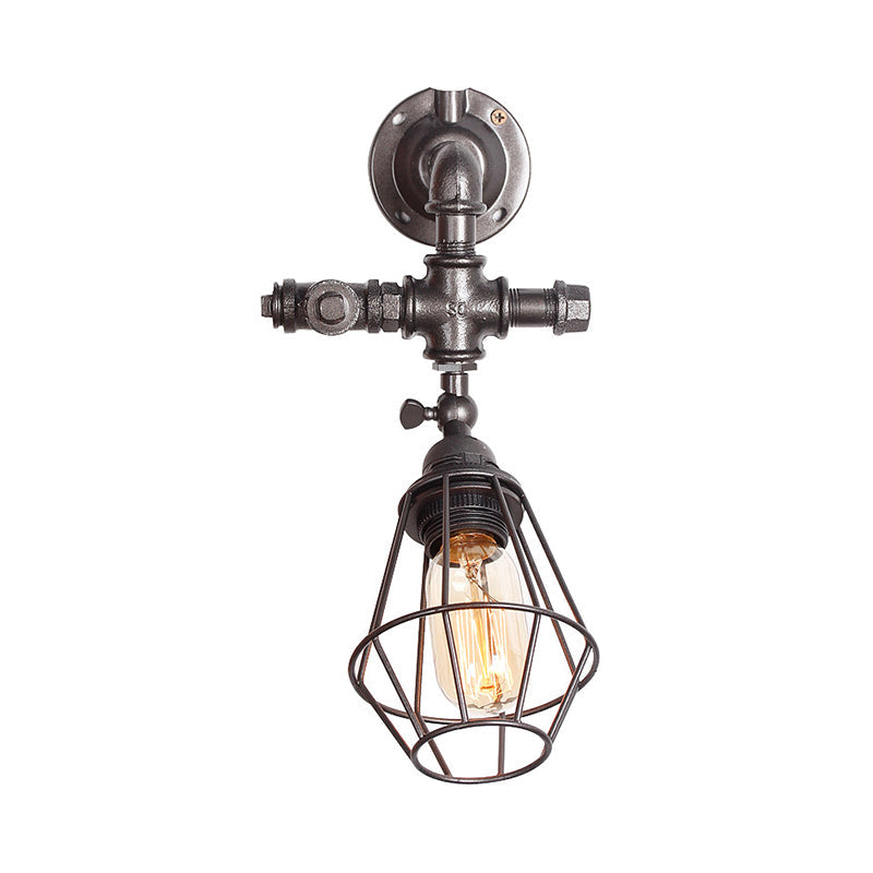 Lisslune | Diamond Cage Iron Wall Mount Light with Pipe Design Industrial Style 1 Bulb Bedroom Wall Lighting in Antique Brass/Silver