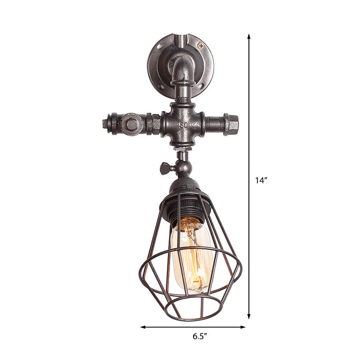 Lisslune | Diamond Cage Iron Wall Mount Light with Pipe Design Industrial Style 1 Bulb Bedroom Wall Lighting in Antique Brass/Silver