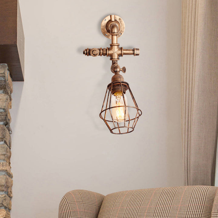 Lisslune | Diamond Cage Iron Wall Mount Light with Pipe Design Industrial Style 1 Bulb Bedroom Wall Lighting in Antique Brass/Silver
