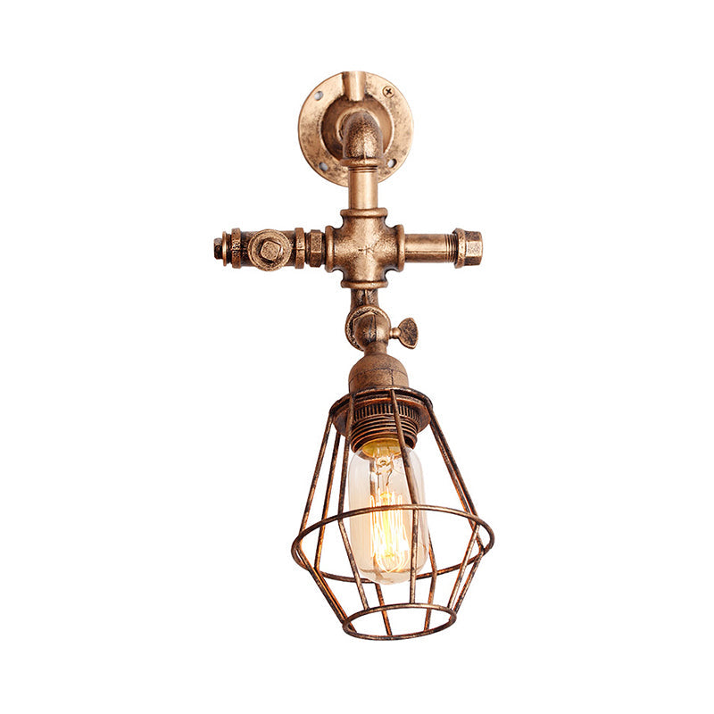 Lisslune | Diamond Cage Iron Wall Mount Light with Pipe Design Industrial Style 1 Bulb Bedroom Wall Lighting in Antique Brass/Silver