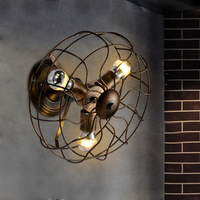 Lisslune | Weathered Copper Wall Lamp with Cage Shade Antique Style Wrought Iron 3 Lights Indoor Wall Lighting