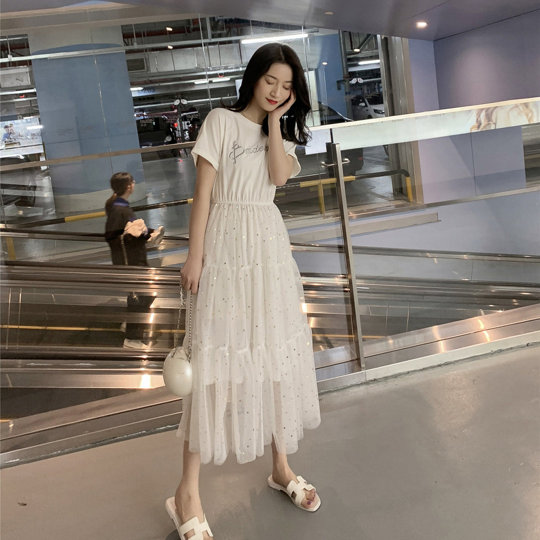 Women's long dress with decorative tulle layers and elastic waistband