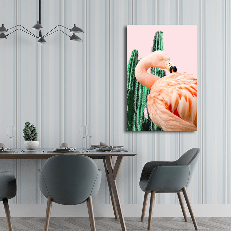 Lisslune | Pink Tropical Canvas Print Flamingo and Cactus Wall Art Decor for Home Interiors