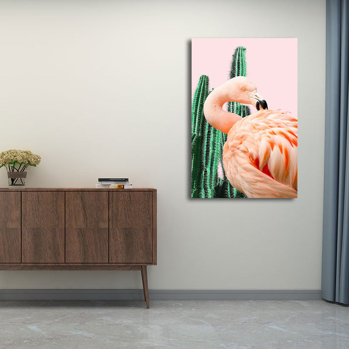 Lisslune | Pink Tropical Canvas Print Flamingo and Cactus Wall Art Decor for Home Interiors