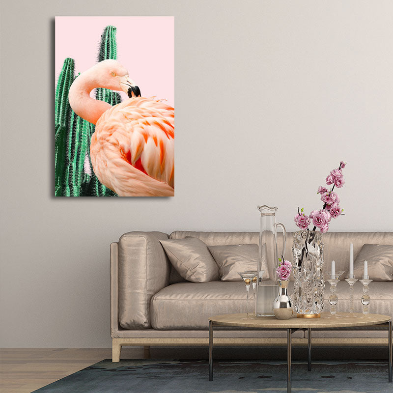 Lisslune | Pink Tropical Canvas Print Flamingo and Cactus Wall Art Decor for Home Interiors