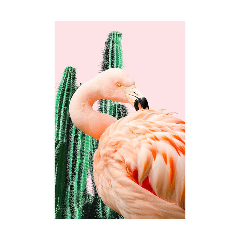 Lisslune | Pink Tropical Canvas Print Flamingo and Cactus Wall Art Decor for Home Interiors