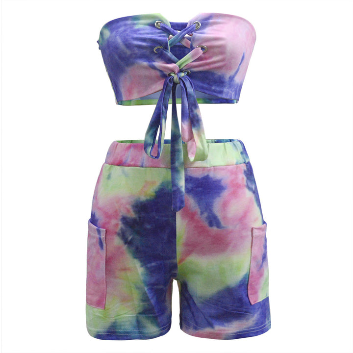 Women's Crop Top and Shorts Set with Lacing and Playful Design