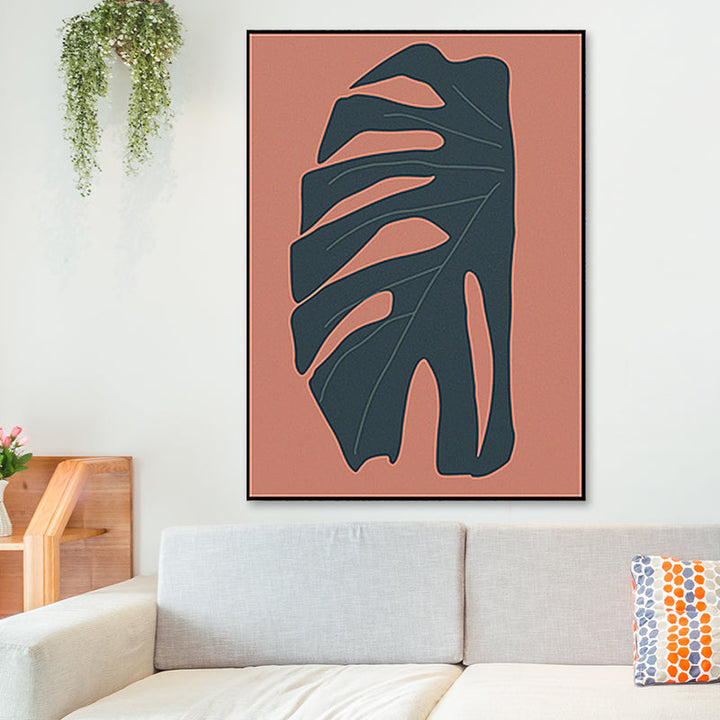 Lisslune | Tropical leaf wrapped canvas texture living room wall art in red (Multiple size options)