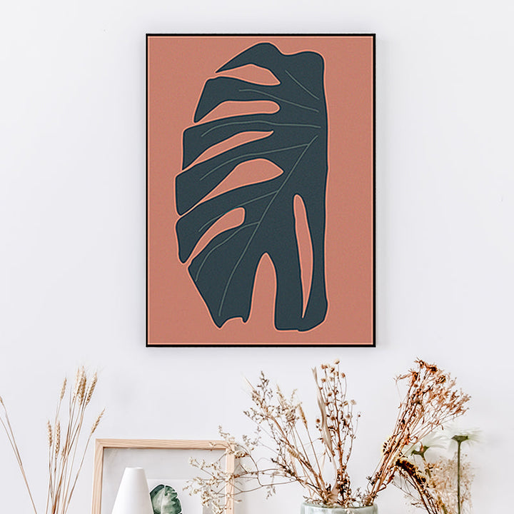 Lisslune | Tropical leaf wrapped canvas texture living room wall art in red (Multiple size options)