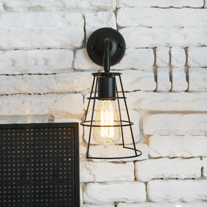 Lisslune | Vintage Style Conic Cage Wall Lamp with Curved Arm 1 Light Metal Wall Lamp in Black/White