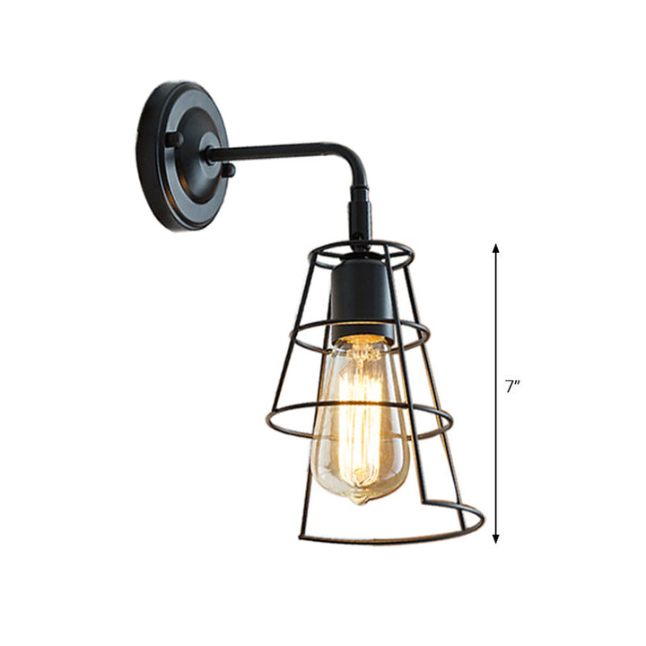 Lisslune | Vintage Style Conic Cage Wall Lamp with Curved Arm 1 Light Metal Wall Lamp in Black/White