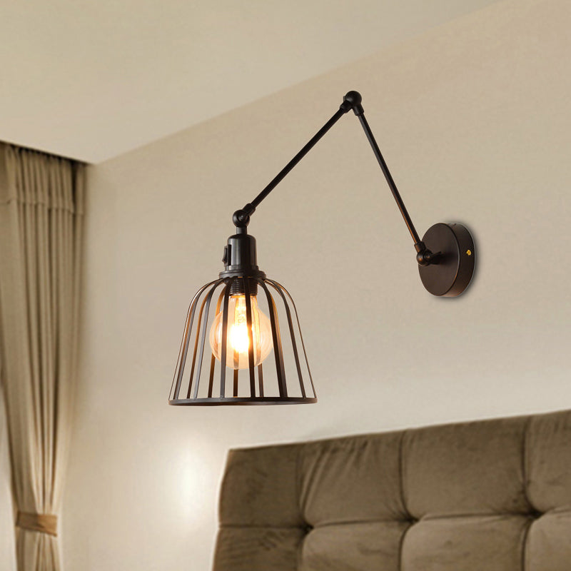 Skørter | Swing Arm Metallic Wall Lamp with Wire Cage Industrial 1 Light Bedroom Wall Lamp in Black