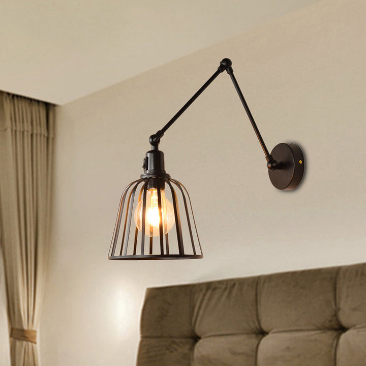 Skørter | Swing Arm Metallic Wall Lamp with Wire Cage Industrial 1 Light Bedroom Wall Lamp in Black