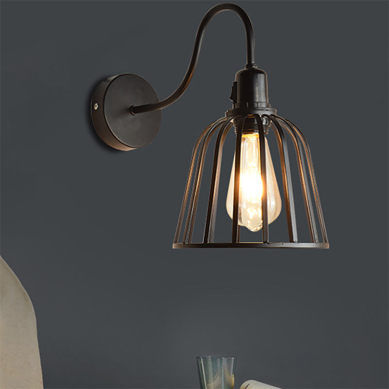 Skørter | Swing Arm Metallic Wall Lamp with Wire Cage Industrial 1 Light Bedroom Wall Lamp in Black