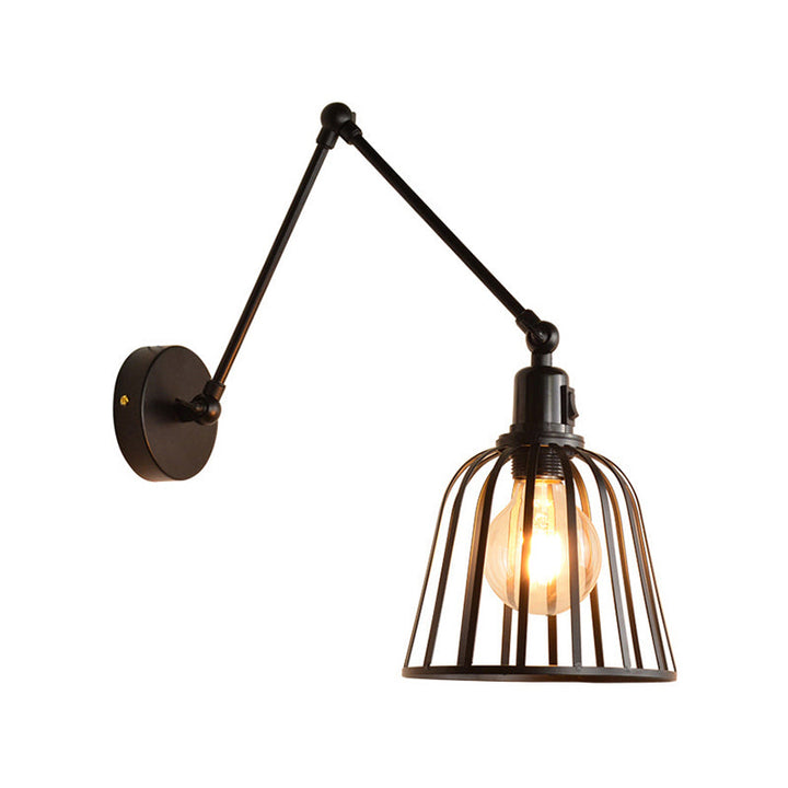 Skørter | Swing Arm Metallic Wall Lamp with Wire Cage Industrial 1 Light Bedroom Wall Lamp in Black