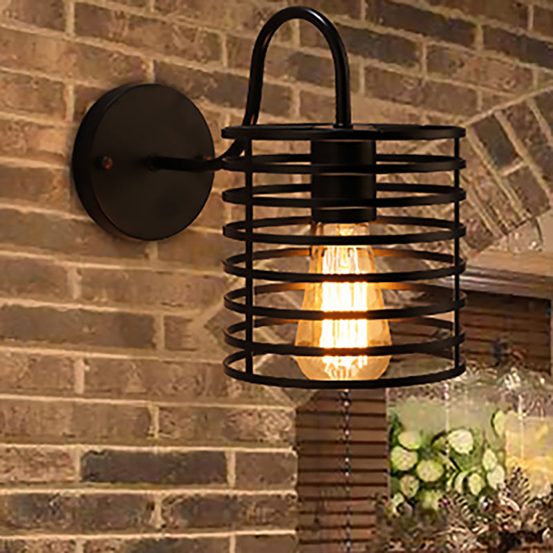 Skørter | Metal Cylinder Incased Wall Lamp with Gooseneck Arm Retro 1 Head Corridor Wall Sconce Light in Black, 8.5"/9.5" Width
