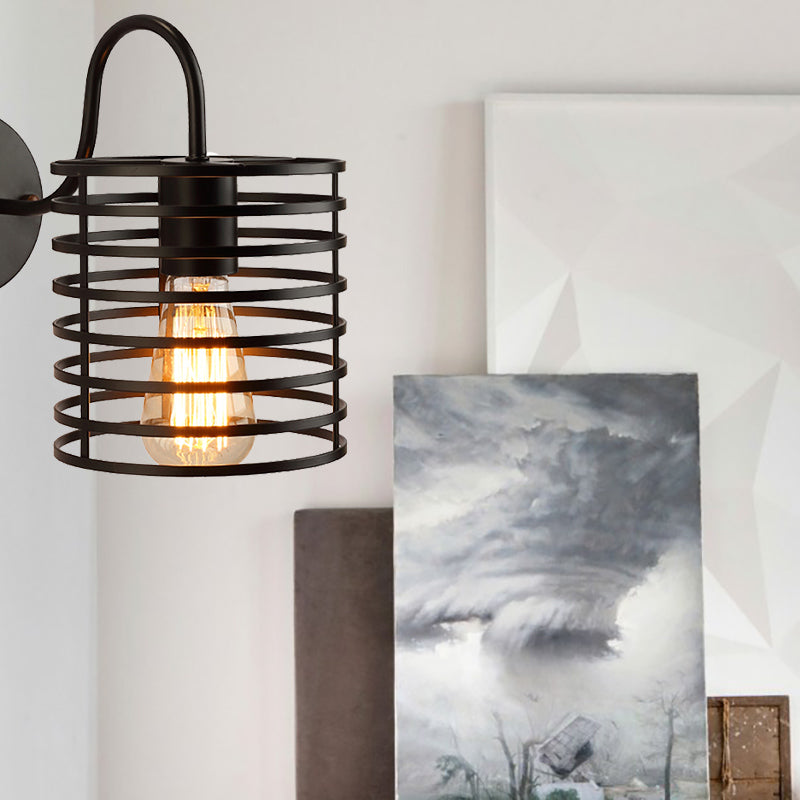 Skørter | Metal Cylinder Incased Wall Lamp with Gooseneck Arm Retro 1 Head Corridor Wall Sconce Light in Black, 8.5"/9.5" Width