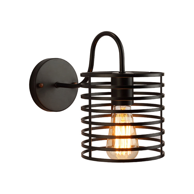 Skørter | Metal Cylinder Incased Wall Lamp with Gooseneck Arm Retro 1 Head Corridor Wall Sconce Light in Black, 8.5"/9.5" Width